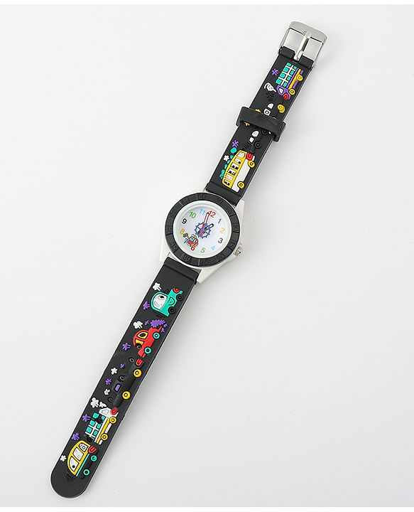Babyhug Free Size Analog Watch with Car Print - White & Black