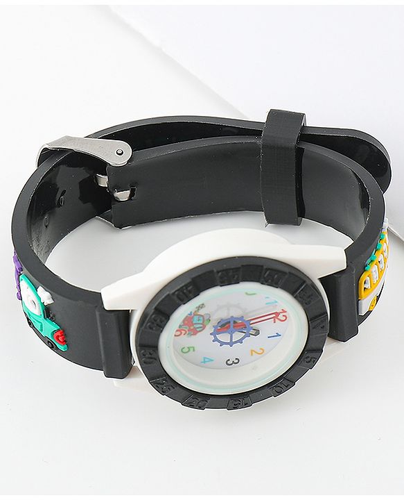 Babyhug Free Size Analog Watch with Car Print - White & Black