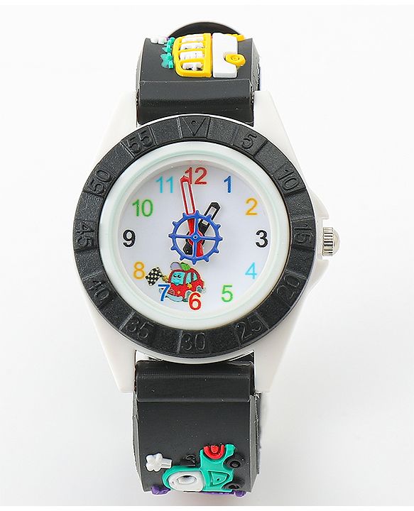 Babyhug Free Size Analog Watch with Car Print - White & Black
