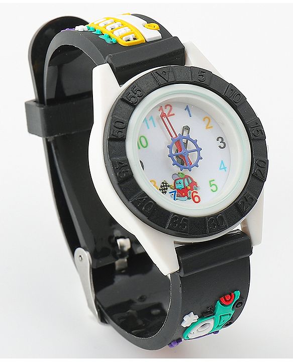 Babyhug Free Size Analog Watch with Car Print - White & Black