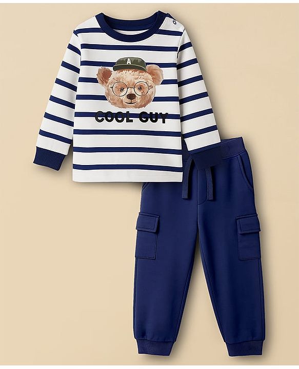 Babyhug Single Jersey Knit Premium Light Gauge Terry Full Sleeves T-Shirt & Joggers Set with Stripes & Teddy Print - White & Navy Blue