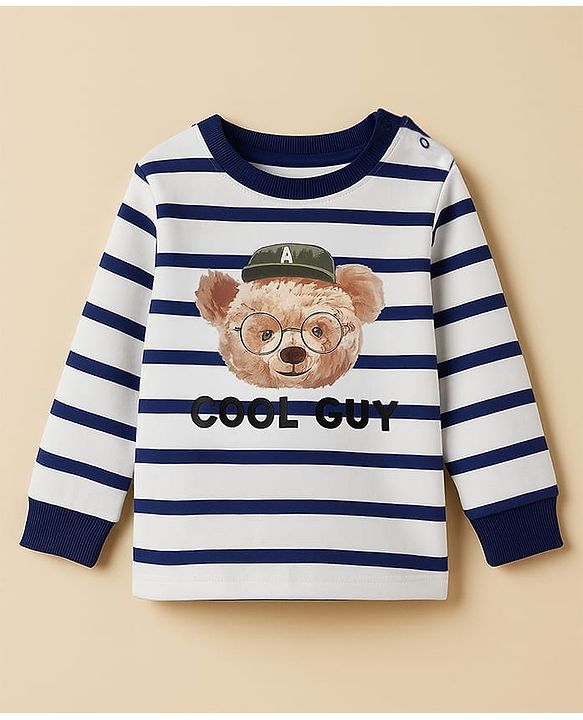 Babyhug Single Jersey Knit Premium Light Gauge Terry Full Sleeves T-Shirt & Joggers Set with Stripes & Teddy Print - White & Navy Blue