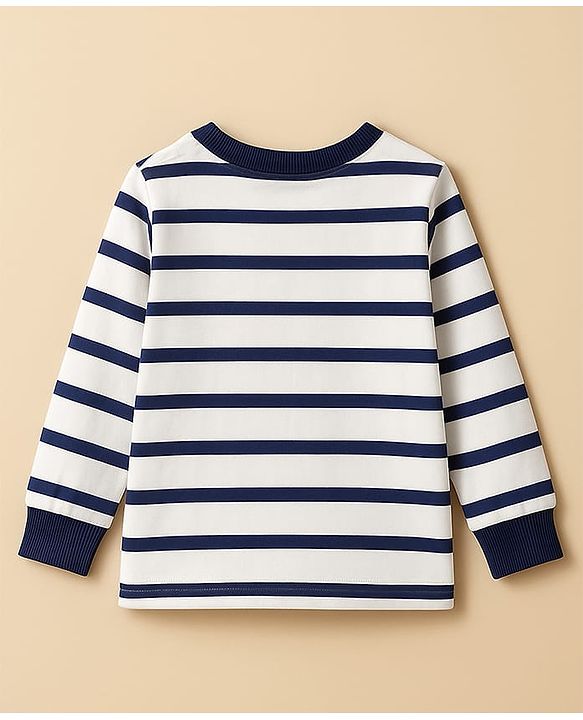 Babyhug Single Jersey Knit Premium Light Gauge Terry Full Sleeves T-Shirt & Joggers Set with Stripes & Teddy Print - White & Navy Blue