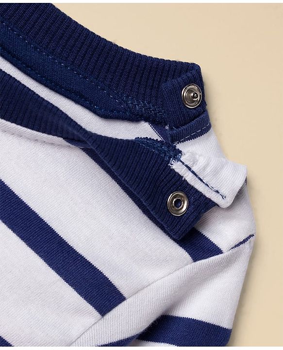 Babyhug Single Jersey Knit Premium Light Gauge Terry Full Sleeves T-Shirt & Joggers Set with Stripes & Teddy Print - White & Navy Blue