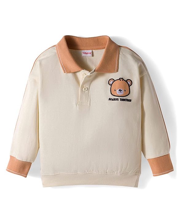 Babyhug Terry Knit Full Sleeves T-Shirt and Trouser Set With Bear Embriodery - Offwhite & Beige