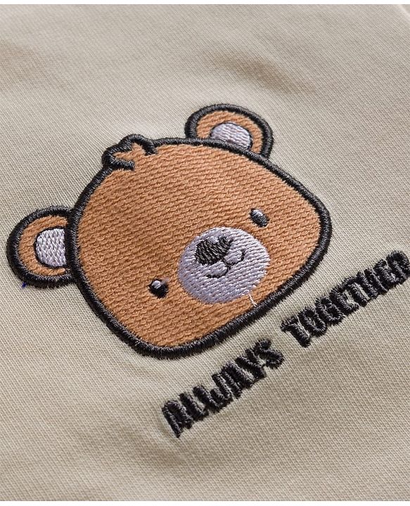 Babyhug Terry Knit Full Sleeves T-Shirt and Trouser Set With Bear Embriodery - Offwhite & Beige