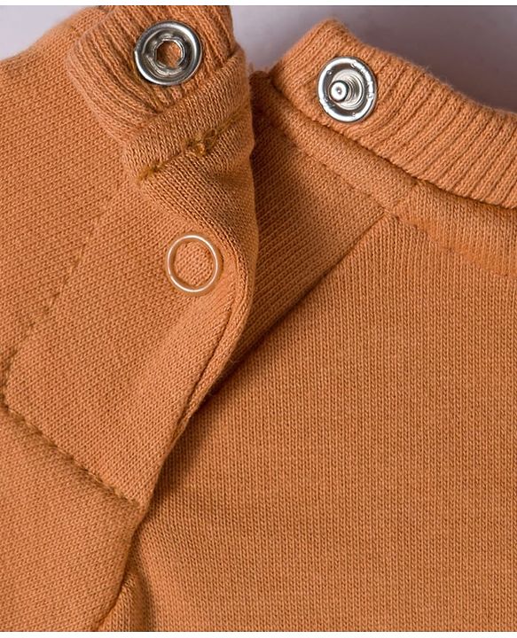 Babyhug Knit Premium Light Gauge Terry Full Raglan Sleeves T-Shirt & Joggers Set With Bear Applique & Patch - Brown