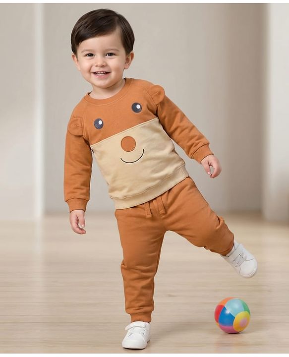 Babyhug Knit Premium Light Gauge Terry Full Raglan Sleeves T-Shirt & Joggers Set With Bear Applique & Patch - Brown