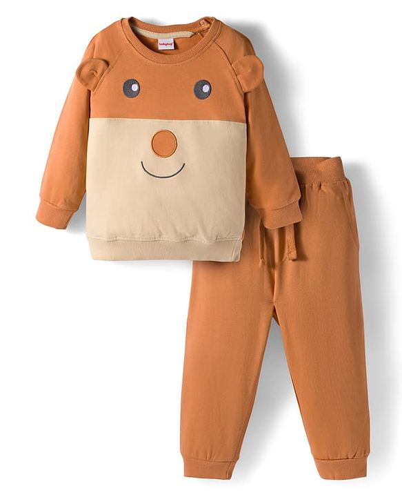 Babyhug Knit Premium Light Gauge Terry Full Raglan Sleeves T-Shirt & Joggers Set With Bear Applique & Patch - Brown