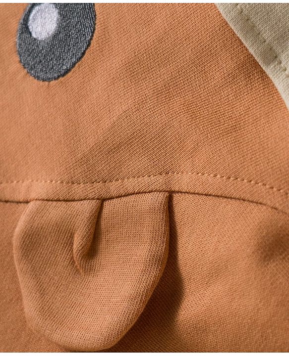 Babyhug Knit Premium Light Gauge Terry Full Raglan Sleeves T-Shirt & Joggers Set With Bear Applique & Patch - Brown