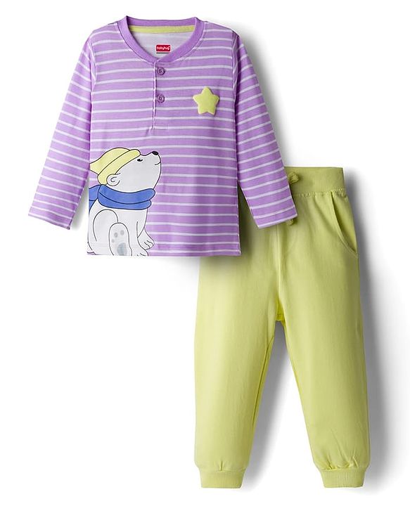 Babyhug Single Jersey Knit Full Sleeves Striped T-Shirt & Lounge Pant Set With Polar Bear Print - Lavender & Lime Green