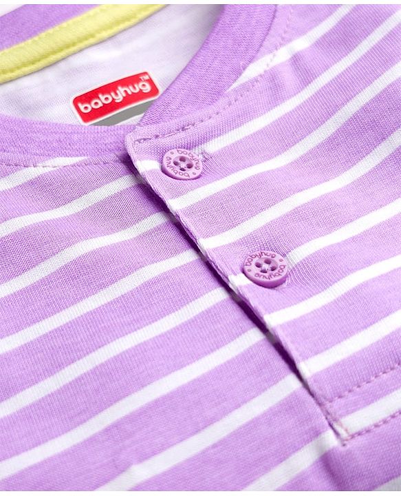 Babyhug Single Jersey Knit Full Sleeves Striped T-Shirt & Lounge Pant Set With Polar Bear Print - Lavender & Lime Green