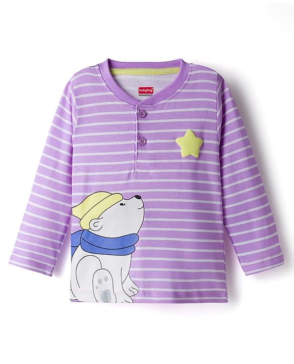 Babyhug Single Jersey Knit Full Sleeves Striped T-Shirt & Lounge Pant Set With Polar Bear Print - Lavender & Lime Green