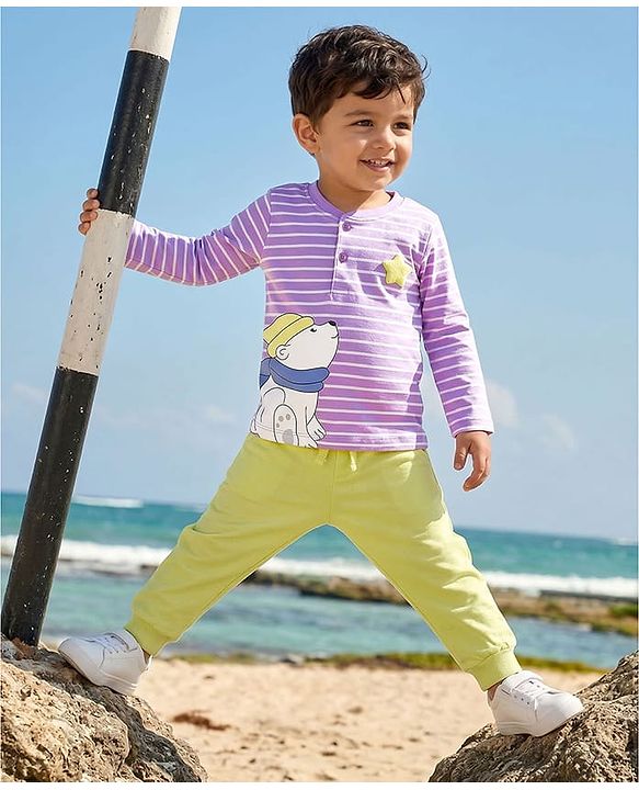 Babyhug Single Jersey Knit Full Sleeves Striped T-Shirt & Lounge Pant Set With Polar Bear Print - Lavender & Lime Green