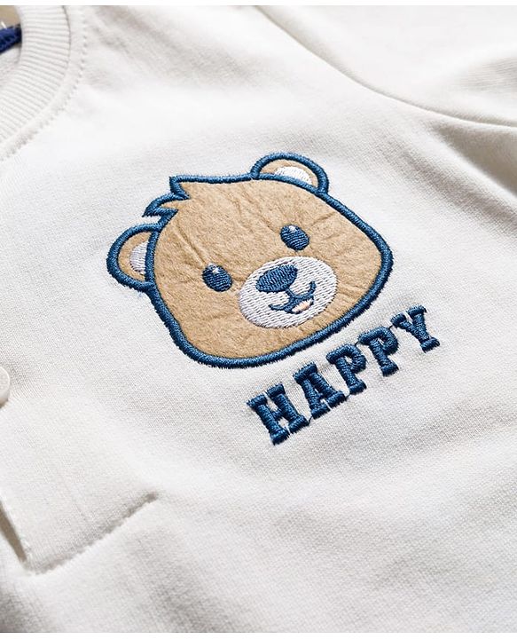 Babyhug Terry Knit Full Sleeves T-Shirt & Lounge Pant Set With Animal Embriodery - White & Blue
