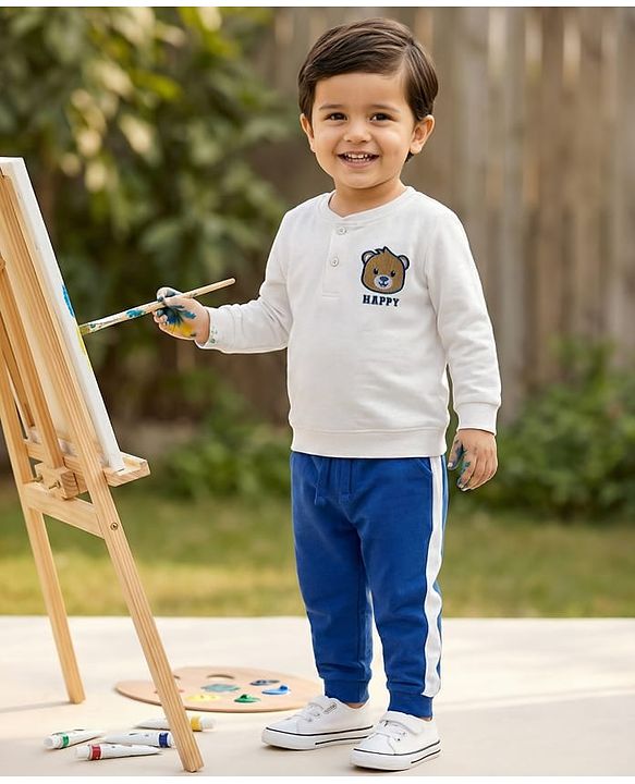 Babyhug Terry Knit Full Sleeves T-Shirt & Lounge Pant Set With Animal Embriodery - White & Blue