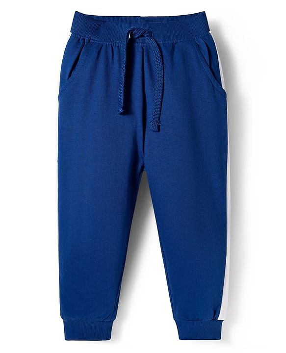 Babyhug Terry Knit Full Sleeves T-Shirt & Lounge Pant Set With Animal Embriodery - White & Blue