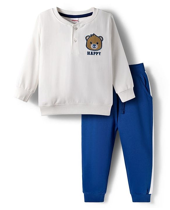 Babyhug Terry Knit Full Sleeves T-Shirt & Lounge Pant Set With Animal Embriodery - White & Blue