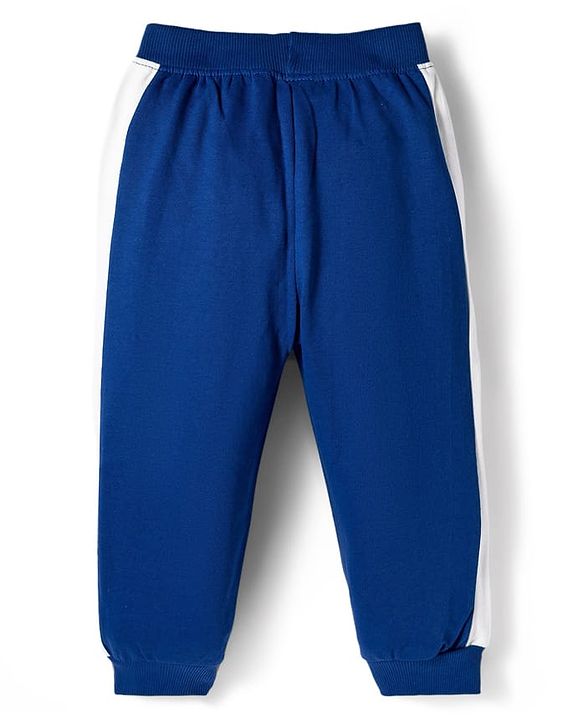 Babyhug Terry Knit Full Sleeves T-Shirt & Lounge Pant Set With Animal Embriodery - White & Blue