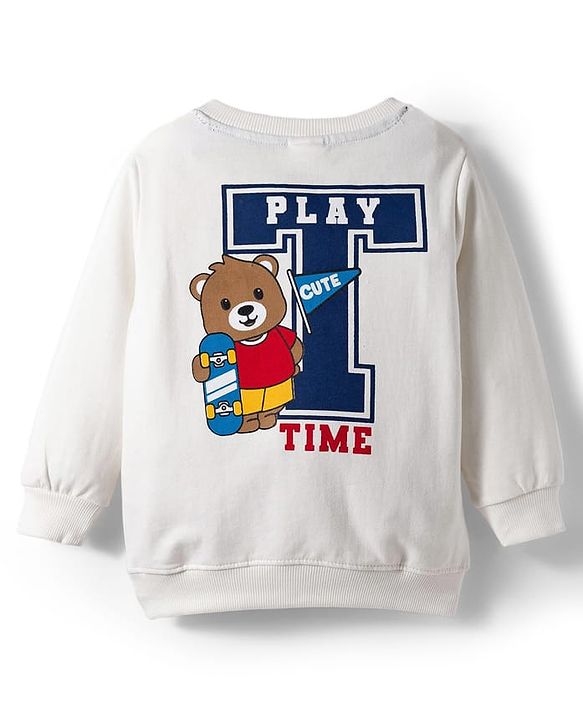 Babyhug Terry Knit Full Sleeves T-Shirt & Lounge Pant Set With Animal Embriodery - White & Blue