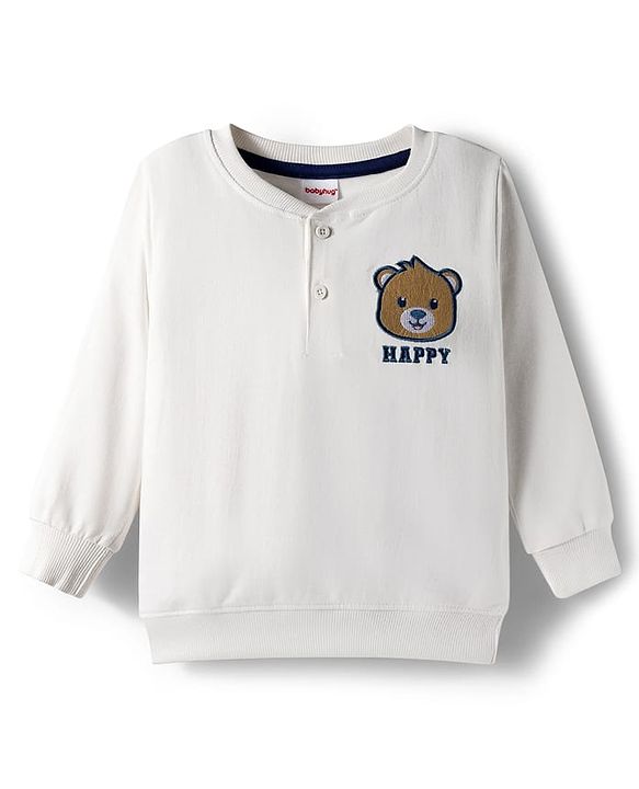 Babyhug Terry Knit Full Sleeves T-Shirt & Lounge Pant Set With Animal Embriodery - White & Blue
