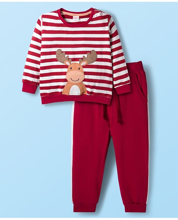 Babyhug Knit Premium Light Gauge Terry Full Sleeves T-Shirt & Lounge Pant with Stripe & Reindeer Patch - Maroon