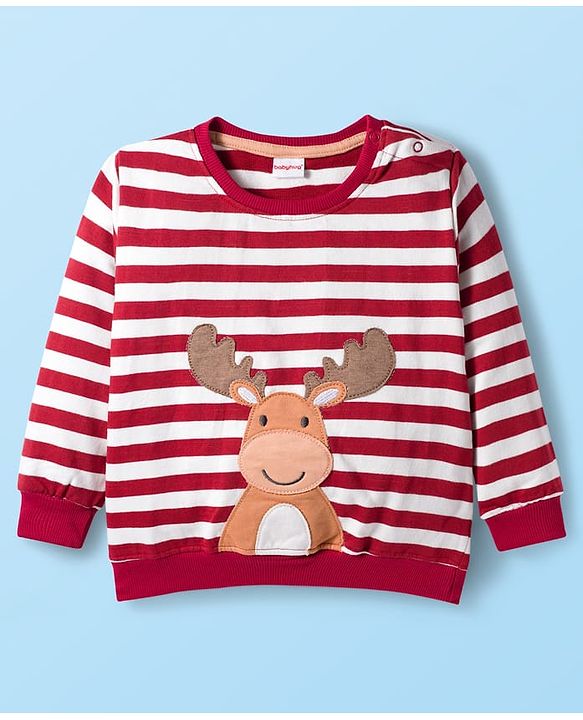 Babyhug Knit Premium Light Gauge Terry Full Sleeves T-Shirt & Lounge Pant with Stripe & Reindeer Patch - Maroon