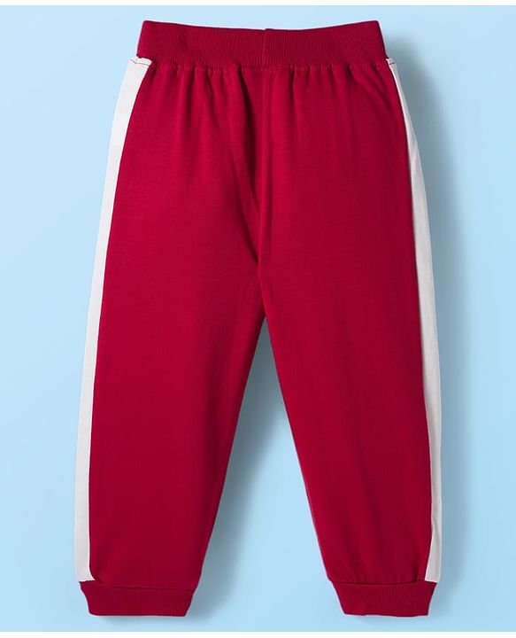 Babyhug Knit Premium Light Gauge Terry Full Sleeves T-Shirt & Lounge Pant with Stripe & Reindeer Patch - Maroon