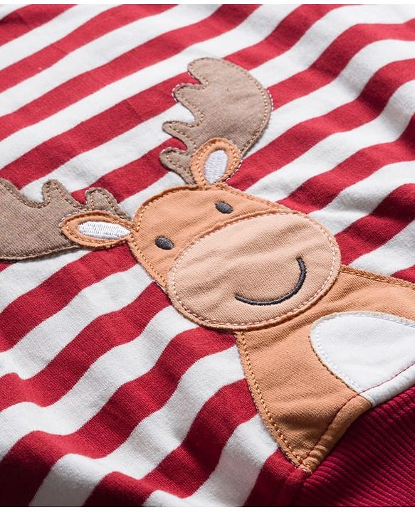 Babyhug Knit Premium Light Gauge Terry Full Sleeves T-Shirt & Lounge Pant with Stripe & Reindeer Patch - Maroon