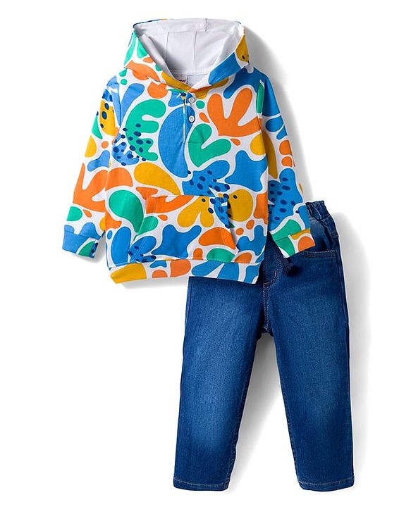 Babyhug Knit Premium Light Gauge Terry Full Sleeves Printed Hooded T-Shirt & Jeans Set With Kangaroo Pockets - Blue