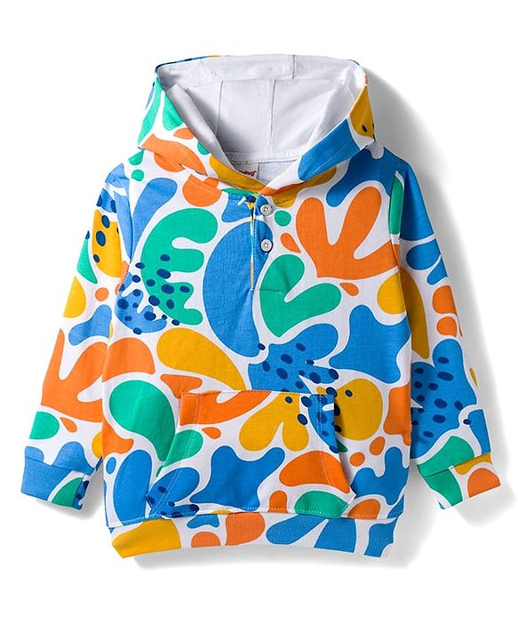 Babyhug Knit Premium Light Gauge Terry Full Sleeves Printed Hooded T-Shirt & Jeans Set With Kangaroo Pockets - Blue