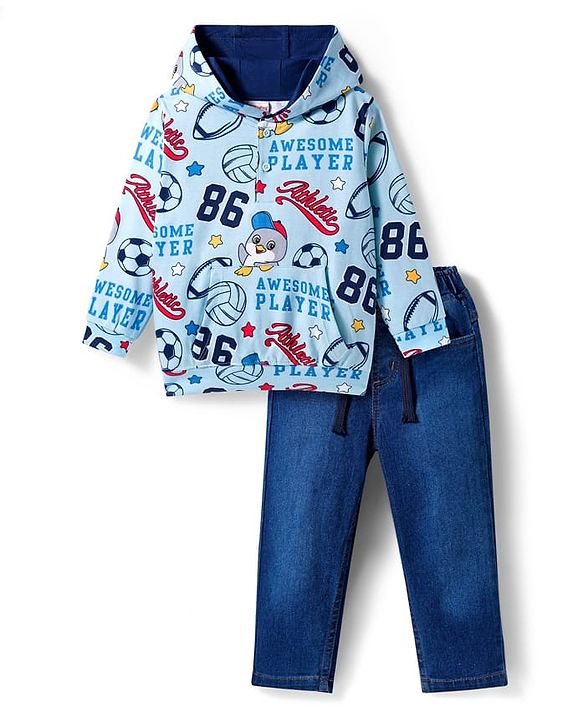 Babyhug Knit Premium Light Gauge Terry Full Sleeves Hooded T-Shirt & Denim Jeans with Kangaroo Pocket & Sport Theme Print - Blue