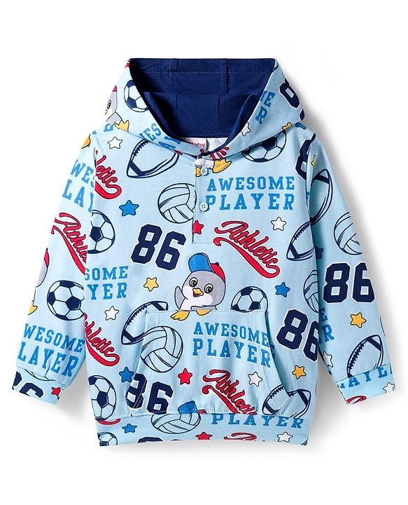 Babyhug Knit Premium Light Gauge Terry Full Sleeves Hooded T-Shirt & Denim Jeans with Kangaroo Pocket & Sport Theme Print - Blue