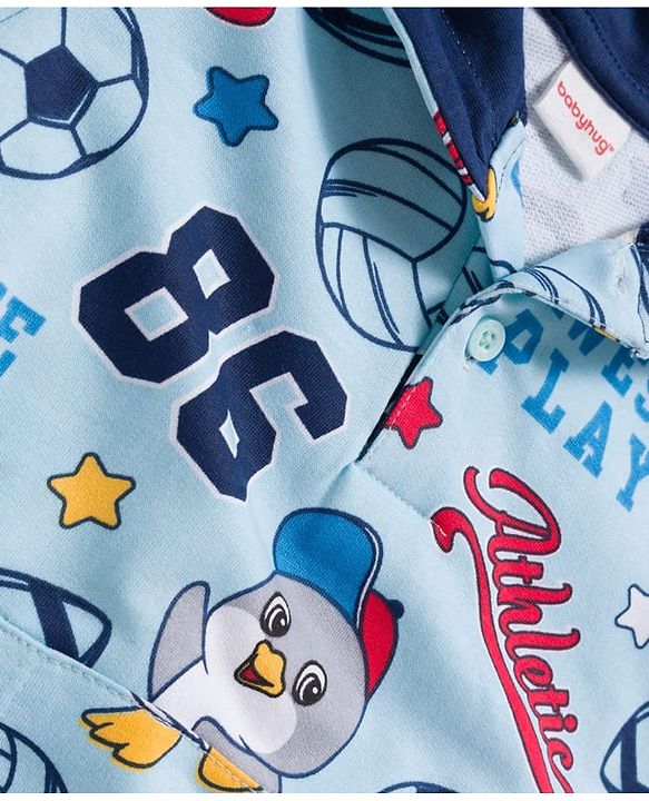 Babyhug Knit Premium Light Gauge Terry Full Sleeves Hooded T-Shirt & Denim Jeans with Kangaroo Pocket & Sport Theme Print - Blue