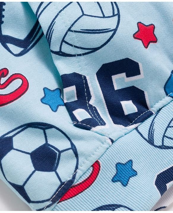 Babyhug Knit Premium Light Gauge Terry Full Sleeves Hooded T-Shirt & Denim Jeans with Kangaroo Pocket & Sport Theme Print - Blue