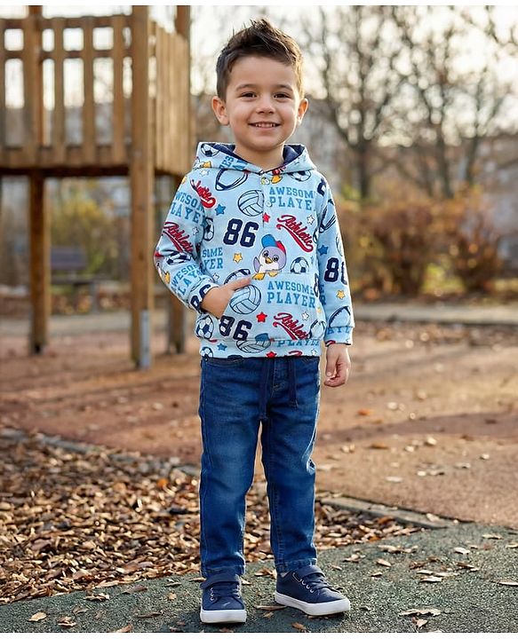 Babyhug Knit Premium Light Gauge Terry Full Sleeves Hooded T-Shirt & Denim Jeans with Kangaroo Pocket & Sport Theme Print - Blue