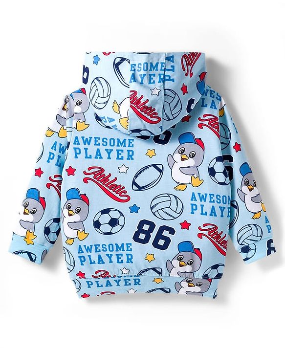 Babyhug Knit Premium Light Gauge Terry Full Sleeves Hooded T-Shirt & Denim Jeans with Kangaroo Pocket & Sport Theme Print - Blue