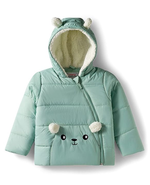 Babyhug Woven Full Sleeves Hooded Padded Jacket With Animal Applique - Mint Green