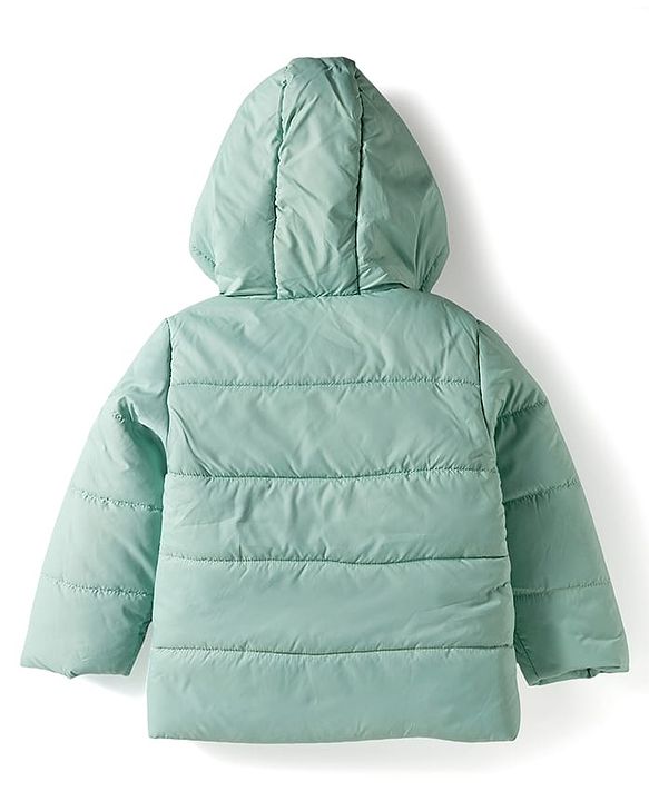 Babyhug Woven Full Sleeves Hooded Padded Jacket With Animal Applique - Mint Green