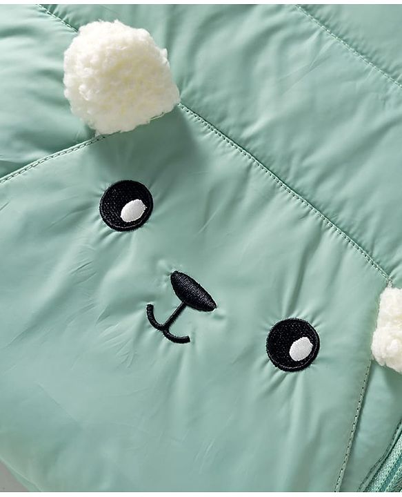 Babyhug Woven Full Sleeves Hooded Padded Jacket With Animal Applique - Mint Green