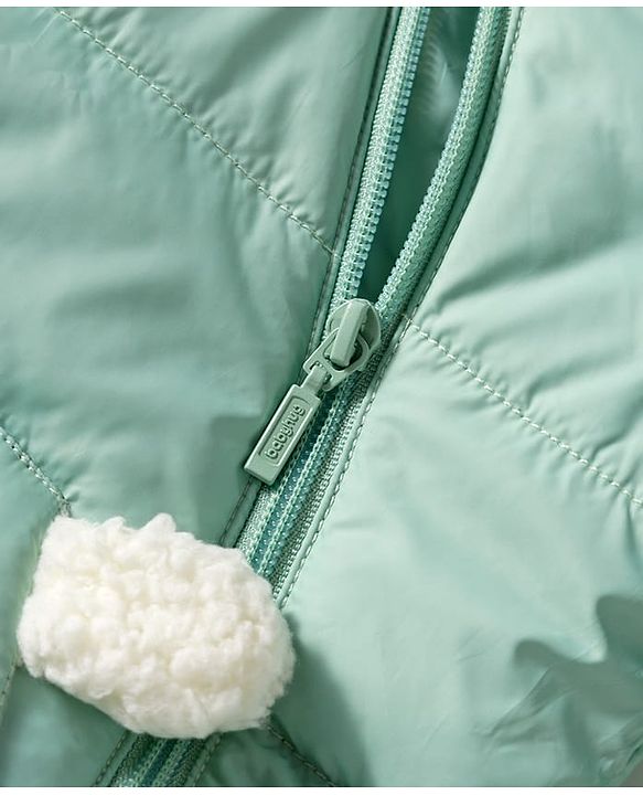Babyhug Woven Full Sleeves Hooded Padded Jacket With Animal Applique - Mint Green