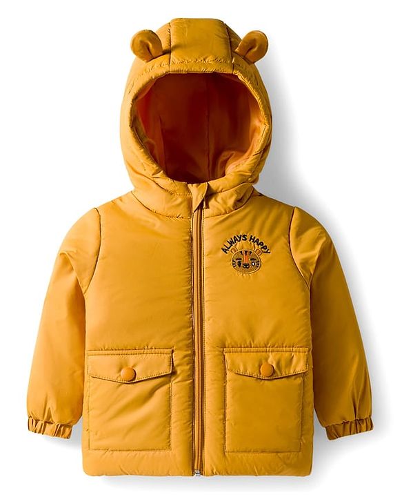 Babyhug Woven Full Sleeves Hooded Padded Jacket With Tiger Embroidery - Yellow
