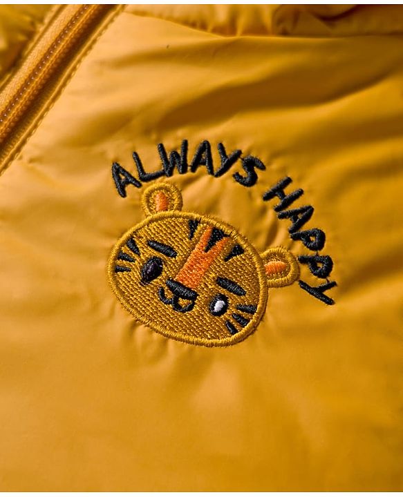 Babyhug Woven Full Sleeves Hooded Padded Jacket With Tiger Embroidery - Yellow