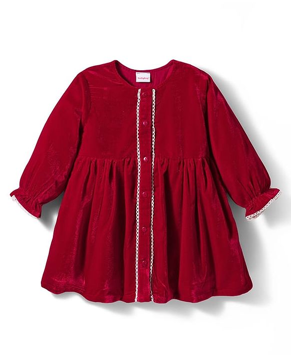 Babyhug Cotton Velour Full Sleeves Solid Color Front Open Frock - Maroon