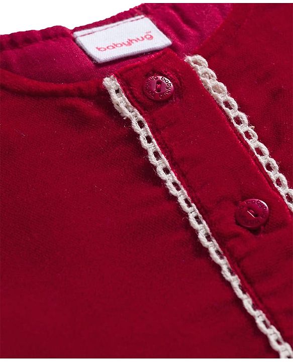Babyhug Cotton Velour Full Sleeves Solid Color Front Open Frock - Maroon