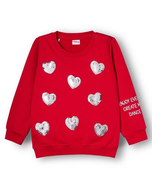 Babyhug Fleece Knit Full Sleeves Sweatshirt with Sequin Heart Design - Red