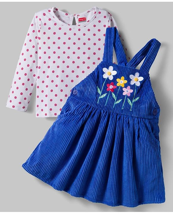 Babyhug Corduroy Woven Floral Embroidered Frock with Full Sleeves Inner Tee & Polka Dot Print - Blue & White