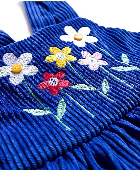 Babyhug Corduroy Woven Floral Embroidered Frock with Full Sleeves Inner Tee & Polka Dot Print - Blue & White