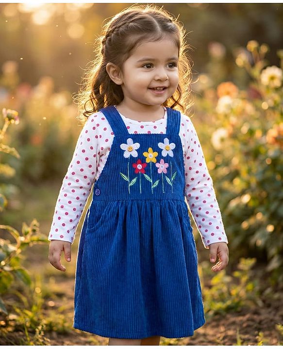 Babyhug Corduroy Woven Floral Embroidered Frock with Full Sleeves Inner Tee & Polka Dot Print - Blue & White