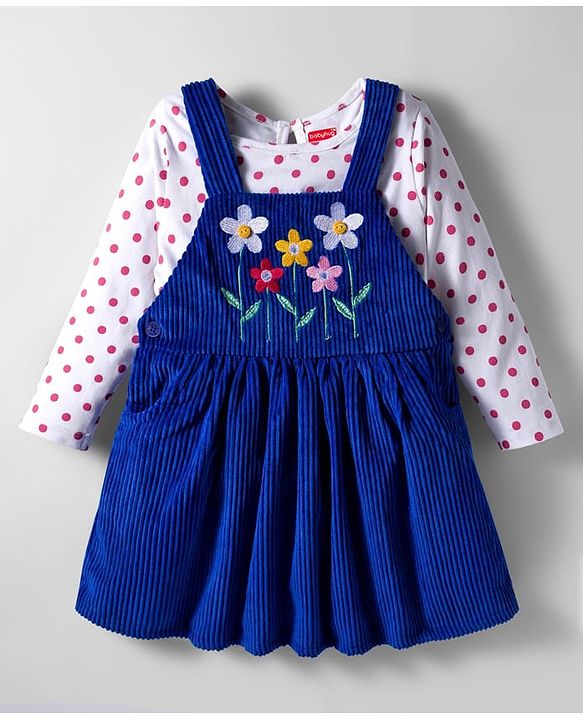 Babyhug Corduroy Woven Floral Embroidered Frock with Full Sleeves Inner Tee & Polka Dot Print - Blue & White
